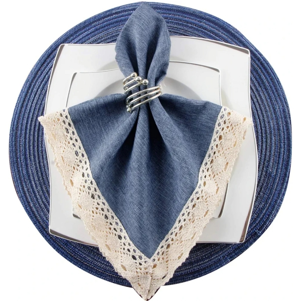 EHouseHome faux Linen tablecloth 70x70 & Napkins 20x20 denim blue & cream NWOT - Picture 5 of 7
